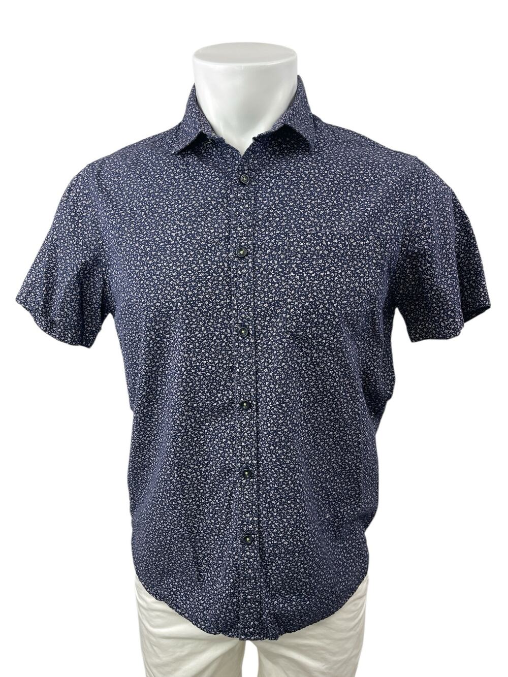 Denim & Flower Men's Gray Blue Floral Short Sleeve Button Down Shirt Top Size M